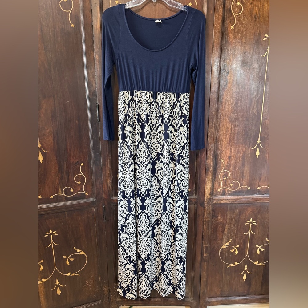Maternity Dress Elegant Navy and Cream Long Sleeve Dress